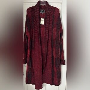 Lucky Brand Long Open-Front Cardigan Checkerboard, Slub Texture, Red & Black XL